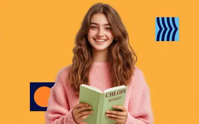 Uśmiechnięta dziewczyna w różowym swetrze czyta książkę "Chłopi". Motywy wiejskie Reymonta ożywają w jej wyobraźni.