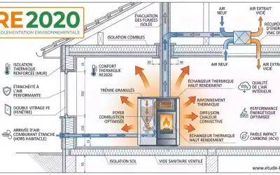 Schéma du poêle à granulé fonctionnement : alimentation, combustion, diffusion de chaleur, évacuation des fumées et récupération d'énergie.