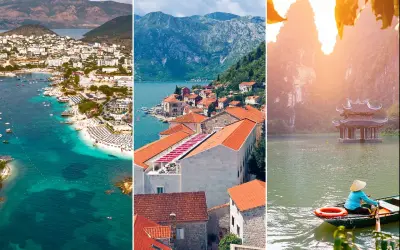 Trzy widoki: albańska plaża, chorwackie miasteczko nad zatoką, wietnamska świątynia na wodzie. Idealne miejsca na wakacje.