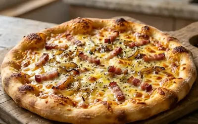 Une délicieuse pizza carbonara, garnie de lardons croustillants, d'oignons caramélisés et de fromage fondant, sur une planche en bois.