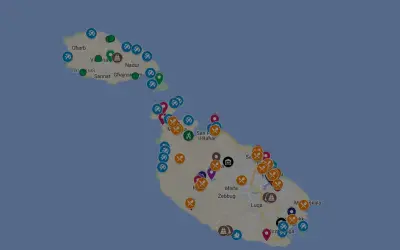 Mapa de Malta con marcadores de puntos de interés. Muestra dónde queda Malta, con ciudades como Victoria, Nadur y Luqa.