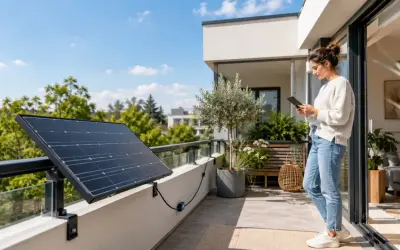 Une femme consulte sa tablette sur un balcon, à côté d'un panneau solaire plug and play installé sur la rambarde.