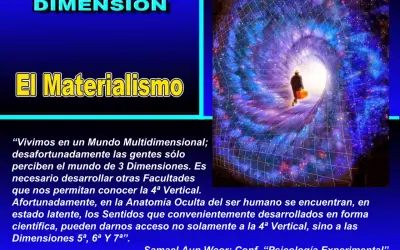 Un hombre con maleta camina hacia un túnel cósmico, explorando la cuarta dimensión y el materialismo.