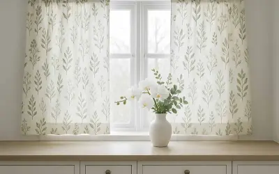 Tende fai da te con delicato motivo botanico, perfette per un tocco naturale. Un vaso di orchidee bianche completa l'arredo.