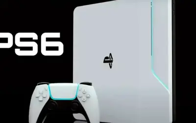 Consola PlayStation 6 blanca con mando y logo de PlayStation.