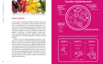 Rozszerzanie diety niemowlaka: talerz z warzywami, owocami, produktami zbożowymi i bogatymi w żelazo. Przykładowe posiłki na pierwsze dni.