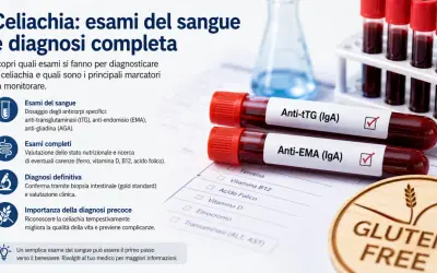 Esami del sangue per la diagnosi celiachia: provette con Anti-tTG e Anti-EMA, foglio con analisi e simbolo Gluten Free.