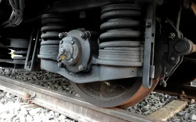 Zbliżenie na mechanizm koła kolejowego, sprężyny i elementy układu hamulcowego. To kluczowe dla skrócenia drogi hamowania pociągu.