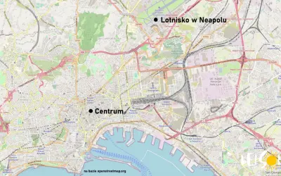 Mapa pokazuje **dojazd z lotniska w Neapolu** do centrum miasta. Widać lotnisko, autostrady i główne ulice.