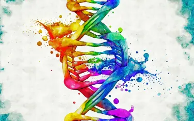 Kolorowa, akwarelowa podwójna helisa DNA, symbolizująca złożoność życia i potencjalne objawy u dorosłych.