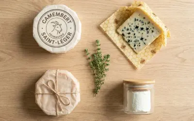 Assortiment de fromages : un camembert Saint-Léger, un fromage bleu, un fromage de chèvre, et du thym frais. Un festin digne de la Bourgogne !