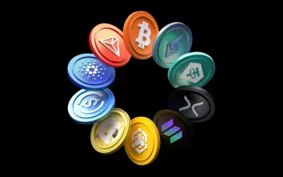 Krąg monet z logo Bitcoin, Ethereum, Cardano i innymi symbolami kryptowalut. Wartość tych aktywów może budzić FUD, ale ich popularność rośnie.
