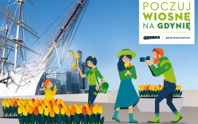 Wiosenne Gdynia atrakcje dla dorosłych: ludzie podziwiają żaglowiec i kwiaty, robią zdjęcia.