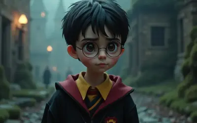 Harry Potter na flecie, w szacie Gryffindoru, stoi na mglistej ścieżce.