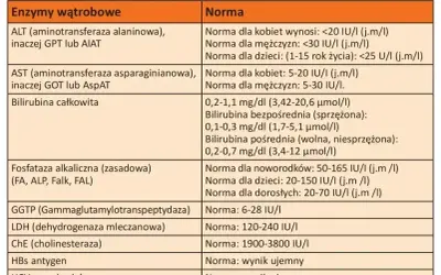 Tabela z normami prób wątrobowych: ALT, AST, bilirubina, fosfataza alkaliczna, GGTP, LDH, ChE, HBs, HCV. Co to alt? To jeden z wskaźników.