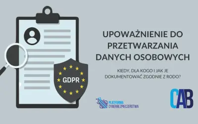 Grafika przedstawia dokument z lupą i tarczą GDPR, symbolizując upoważnienie do przetwarzania danych osobowych.