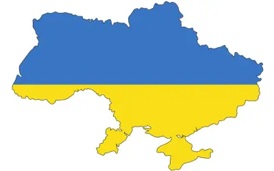 Mapa Ukrainy w barwach narodowych: niebieski i żółty.