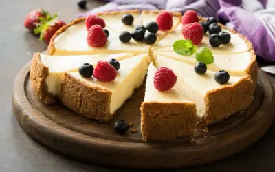 Pyszna tarta sernikowa z malinami i borówkami na drewnianej desce.