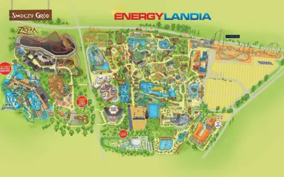 Mapa Energylandii z atrakcjami jak Smoczy Gród, Hyperion, Aqualantis. Idealna dla posiadaczy Karty Dużej Rodziny na niezapomniane rodzinne przygody.