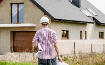 Inżynier w kasku z planami w ręku analizuje kosztorys inwestorski budowy domu.