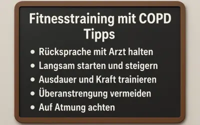 Tipps für COPD-Sport: Arzt konsultieren, langsam starten, Ausdauer & Kraft trainieren, Überanstrengung meiden, auf Atmung achten.