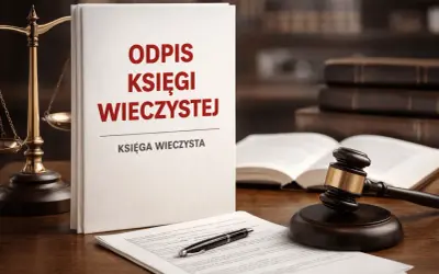 Odpis księgi wieczystej na biurku prawnika, obok wagi sprawiedliwości i młotka sędziowskiego.