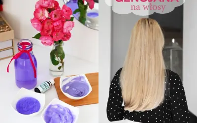 Fioletowe kosmetyki i bukiet róż. Na drugim planie blond włosy, które zyskają blask dzięki gencjanie na włosy.