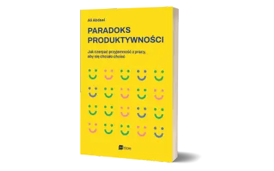 Okładka książki "Paradoks Produktywności" Ali Abdaala. Żółte tło z rzędami uśmiechniętych buziek.
