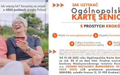 Jak uzyskać Ogólnopolską Kartę Seniora? Uśmiechnięci seniorzy na tle natury, obok instrukcja krok po kroku.