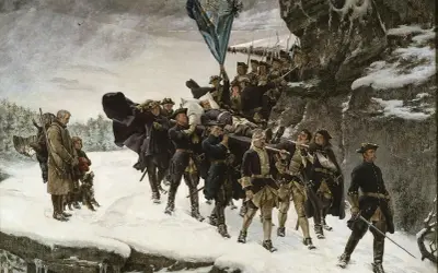 Soldater bär en död kung över snöig mark. En scen som påminner om Sverige Danmark krig.