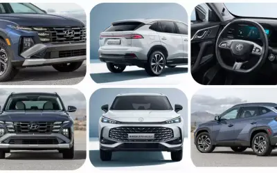Szczegóły przodu i boku hyundai tucson hybrid. Widok z tyłu białego SUV-a i wnętrza z kierownicą MG.