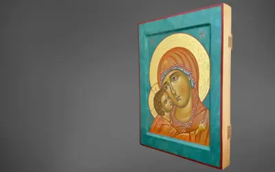 Ikony Matki Boskiej prawosławne: wzruszający obraz przedstawiający Maryję z Dzieciątkiem Jezus, otoczonych złotym tłem i ozdobną ramą.