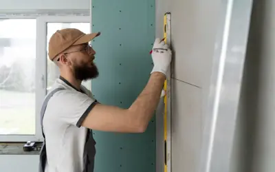 Budowlaniec w okularach i czapce z daszkiem precyzyjnie mierzy pionową linię, przygotowując się do klejenia płyt gk.