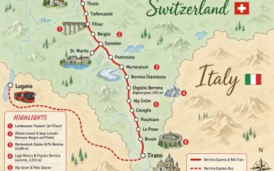 Mapa trasy Bernina Express: od Chur do Tirano, z opcją autobusu do Lugano. Poznaj atrakcje i zaplanuj podróż.