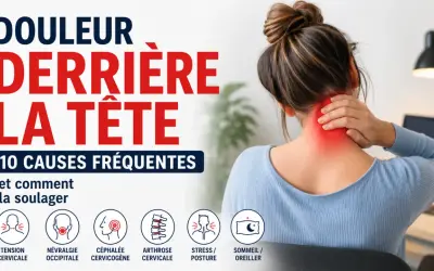 Une femme se tient la nuque, souffrant de mal derrière la tête. L'image liste 10 causes fréquentes de ce mal.