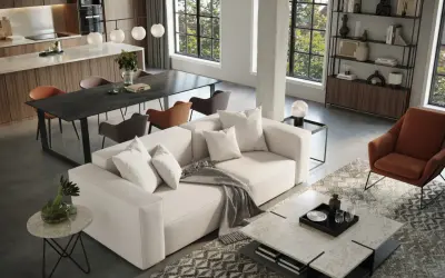 Gemütliche Wohnzimmerszene mit einer weißen **couch mit teppich**, einem Esstisch und einer modernen Küche.