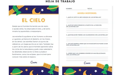 Hoja de trabajo para lectura comprensiva 3 primaria sobre el cielo y las estrellas. Incluye preguntas para reflexionar.