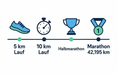 Laufziele: 5 km, 10 km, Halbmarathon, Marathon (42,195 km). Icons zeigen Fortschritt im Marathon Training.