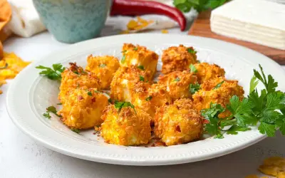 Knusprig panierte Feta-Würfel, im Airfryer zubereitet, garniert mit Petersilie. Ein köstlicher Snack!