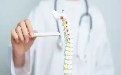 Medico indica modello colonna vertebrale, evidenziando possibile frattura vertebra D12.