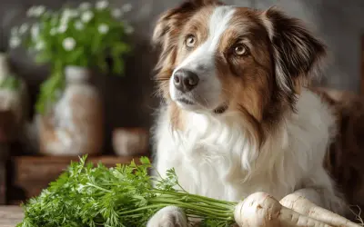 Pies z zaciekawieniem patrzy na pęczek pietruszki i pasternaku. Czy pies może jeść pietruszkę? To pytanie nurtuje wielu właścicieli czworonogów.