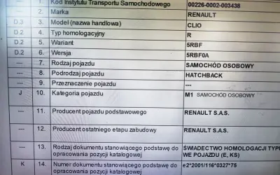 Dokument homologacja M1 dla Renault Clio, z danymi technicznymi i numerem świadectwa homologacji typu WE pojazdu.
