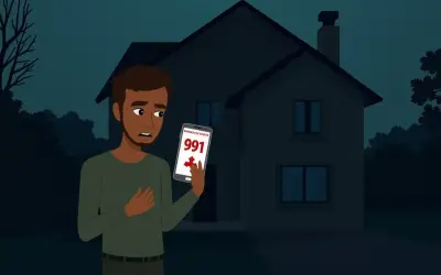 Zmartwiony mężczyzna sprawdza telefon, na którym widnieje komunikat o awarii prądu Tauron.