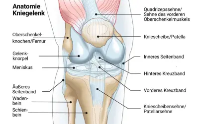Anatomie des Kniegelenks: Femur, Patella, Kreuzbänder, Seitenbänder. Mögliche Ursachen für Schmerzen Knie Innenseite ohne Schwellung.