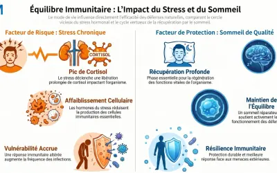 Le stress chronique augmente le cortisol, affaiblissant le système immunitaire. Le sommeil de qualité favorise la régulation hormonale et la résilience.