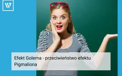Zaskoczona kobieta z czerwonymi okularami na głowie, prezentująca efekt Golema – przeciwieństwo efektu Pigmaliona.