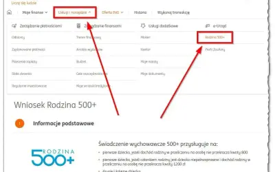 Wniosek Rodzina 500+ w ING. Kliknij "Usługi i narzędzia", a następnie "Rodzina 500+" by złożyć wniosek o świadczenie 800 plus w 2025 roku.