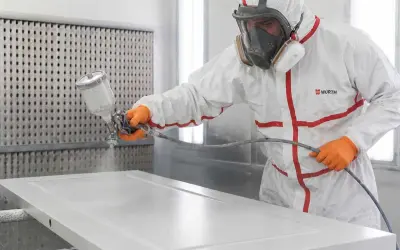 Profesional aplicando pintura blanca a una puerta con pistola pulverizadora. Aprende como lacar puertas en blanco para un acabado perfecto.