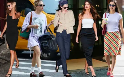 Five women showcase 90s minimalism fashion: a black dress, oversized tee, cardigan with jeans, tube top with a pencil skirt, and a plaid skirt with a white tee.