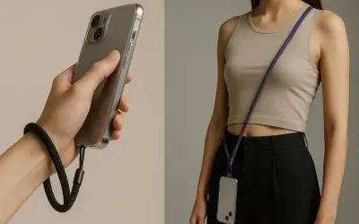 Comment mettre un bracelet de téléphone : une main tient un iPhone avec un bracelet noir au poignet, une femme porte un téléphone en bandoulière avec un cordon violet.